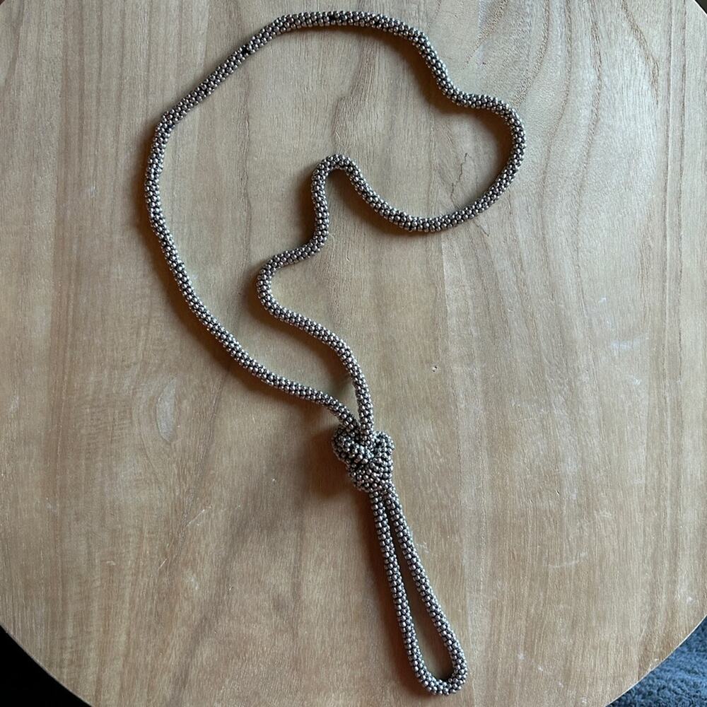 Long Silver/Black Small Beaded Rope Necklace with Large Statement Knot 22 Inches